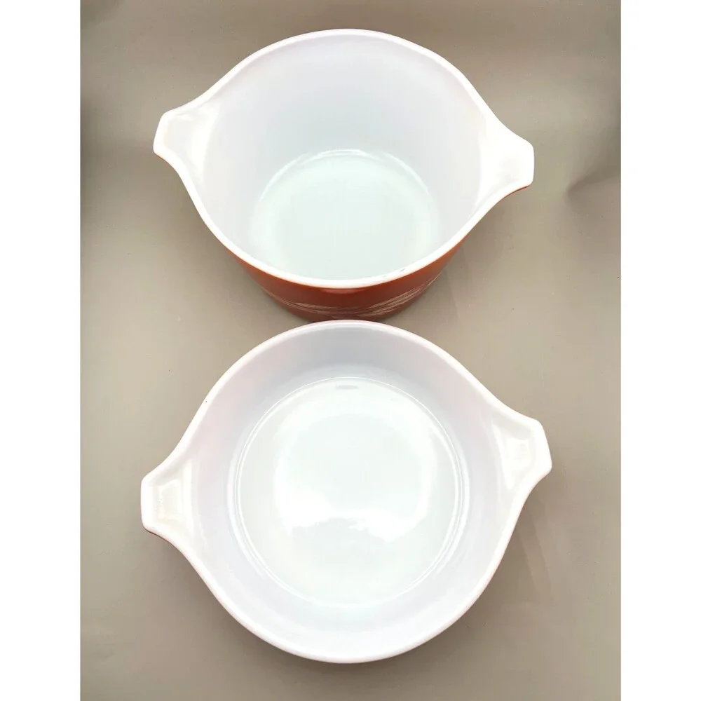 Vtg PYREX 2pc Autumn Harvest Wheat Nesting Casserole Dish Bowls 473-B 471-B Rust